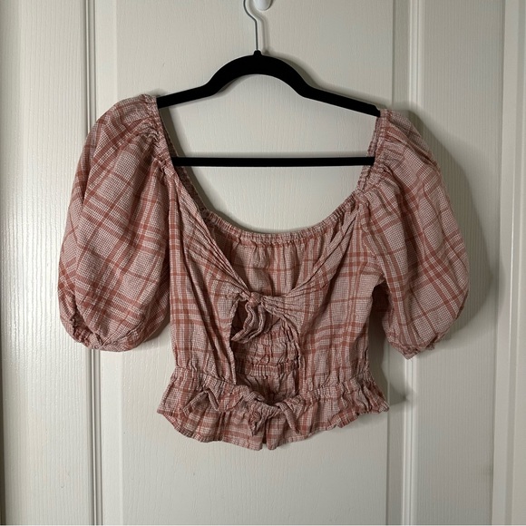 Sim & Sam Plaid Puff Tie Blouse - Picture 4 of 5